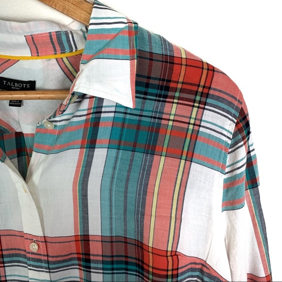 Talbots Turquoise Plaid Button Up Blouse Petite - Picture 3 of 7